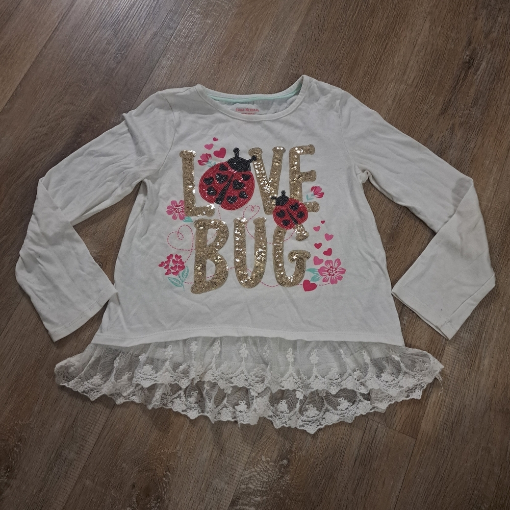 ISAAC MIZRAHI Kid's White 'Love Bug' Long Sleeve Shirt Sequin Lace Trim Size 7-8
